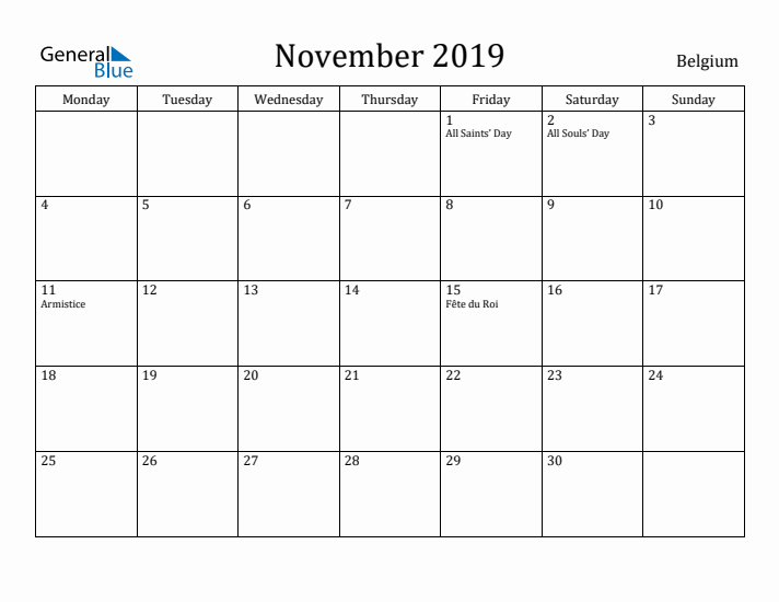 November 2019 Calendar Belgium