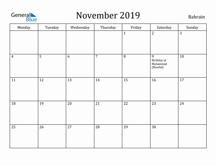 November 2019 Calendar Bahrain