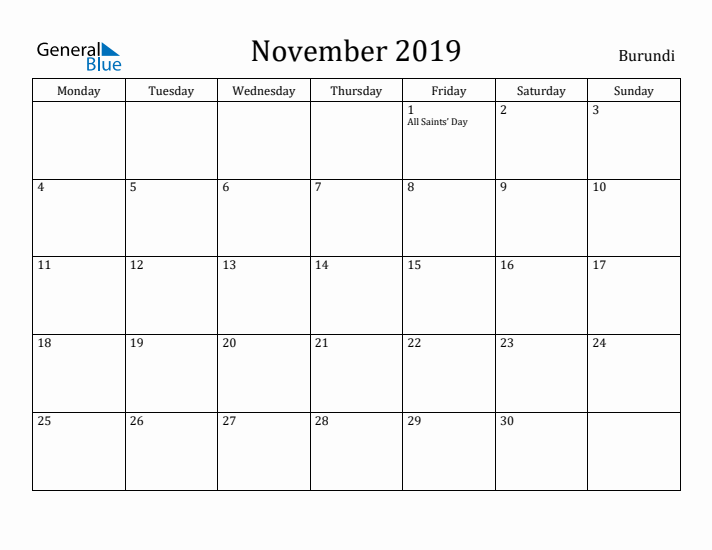 November 2019 Calendar Burundi