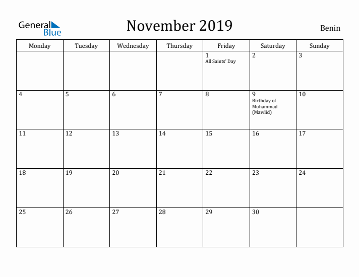 November 2019 Calendar Benin