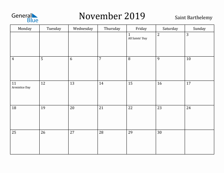 November 2019 Calendar Saint Barthelemy