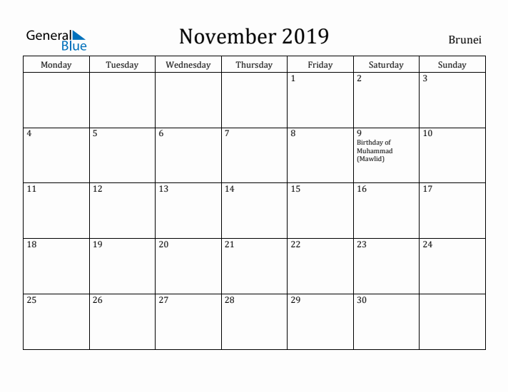 November 2019 Calendar Brunei