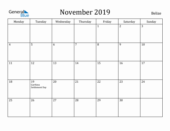 November 2019 Calendar Belize