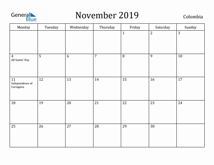 November 2019 Calendar Colombia