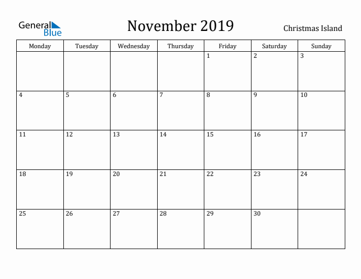 November 2019 Calendar Christmas Island