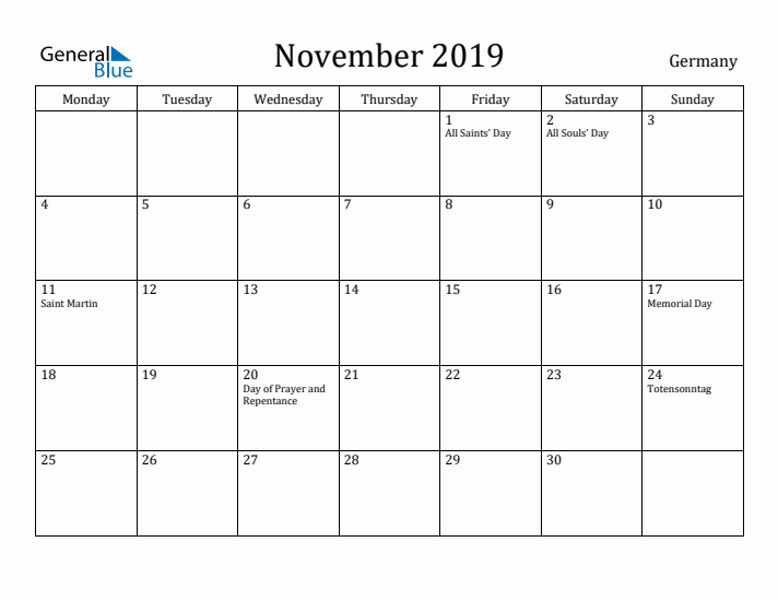 November 2019 Calendar Germany