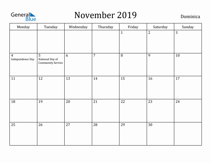 November 2019 Calendar Dominica