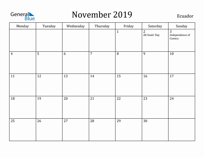 November 2019 Calendar Ecuador