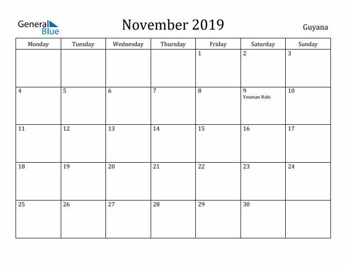 November 2019 Calendar Guyana