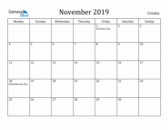 November 2019 Calendar Croatia