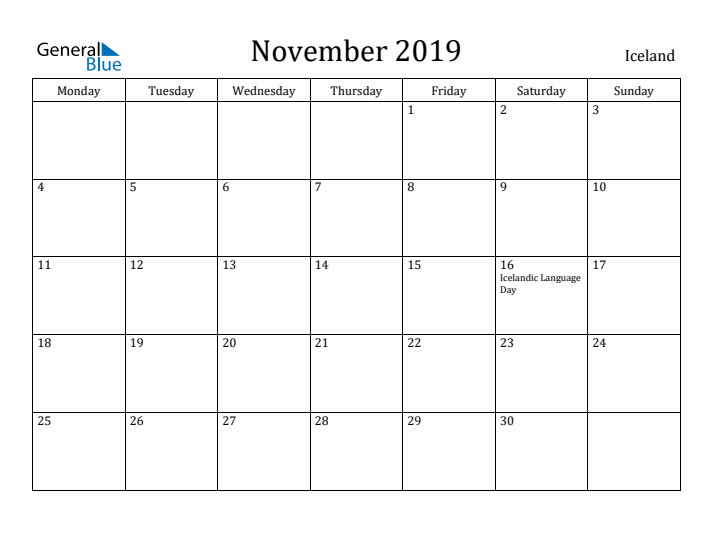 November 2019 Calendar Iceland