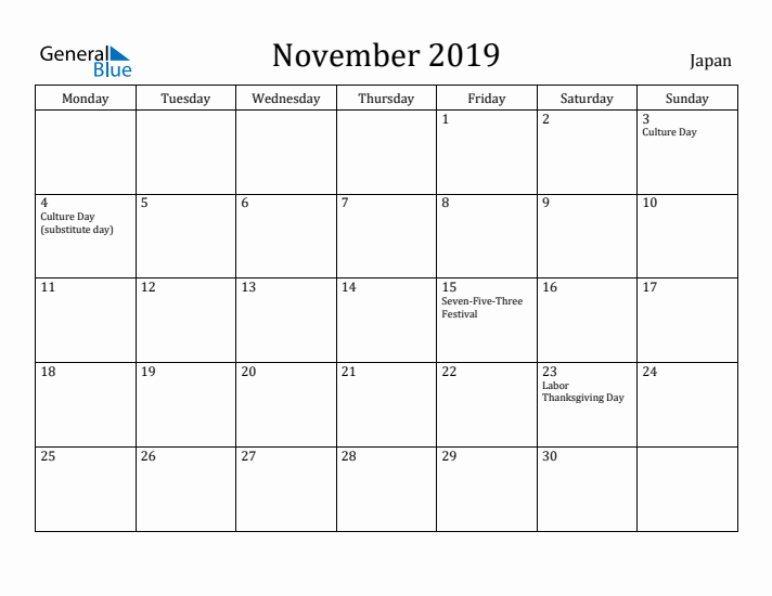November 2019 Calendar Japan
