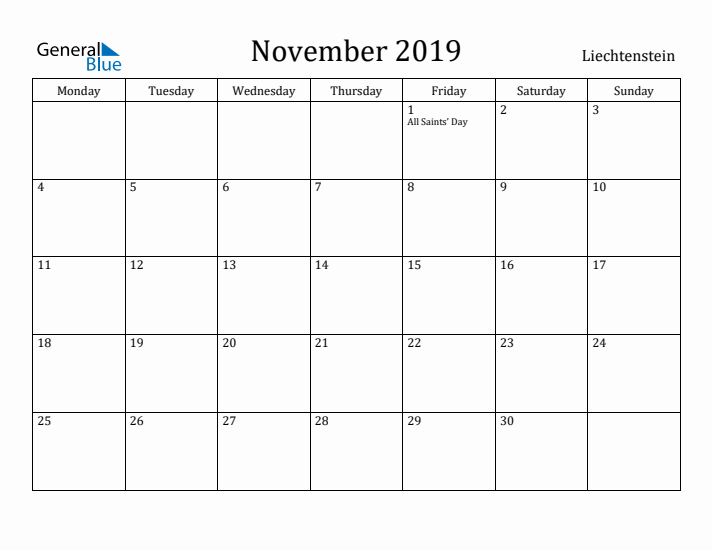 November 2019 Calendar Liechtenstein