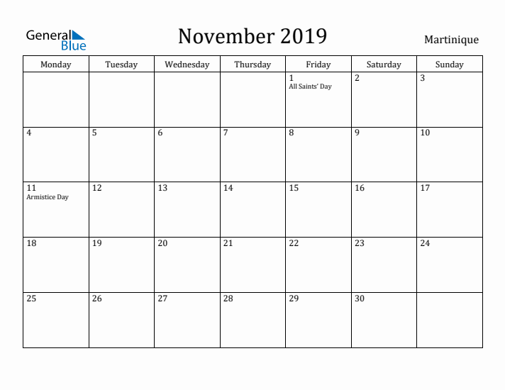 November 2019 Calendar Martinique