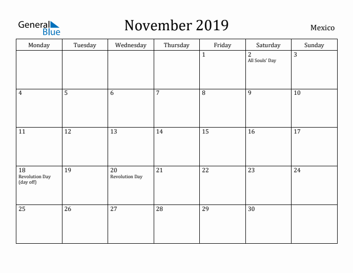 November 2019 Calendar Mexico