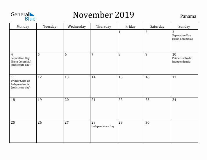 November 2019 Calendar Panama