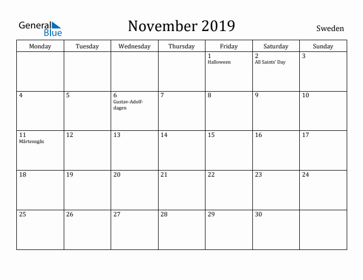 November 2019 Calendar Sweden