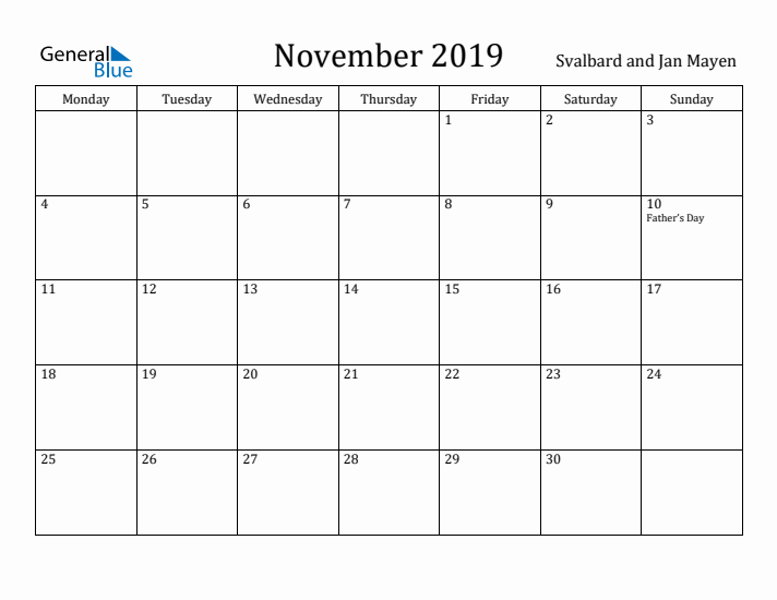 November 2019 Calendar Svalbard and Jan Mayen