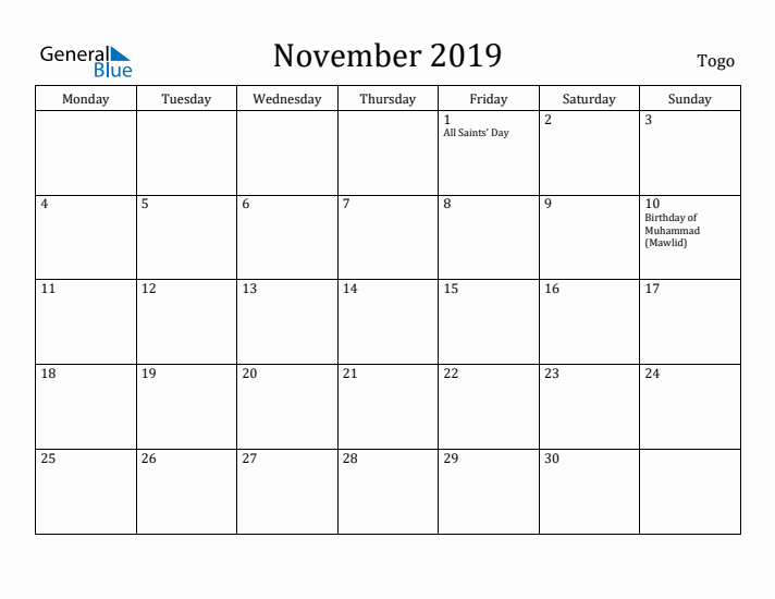 November 2019 Calendar Togo