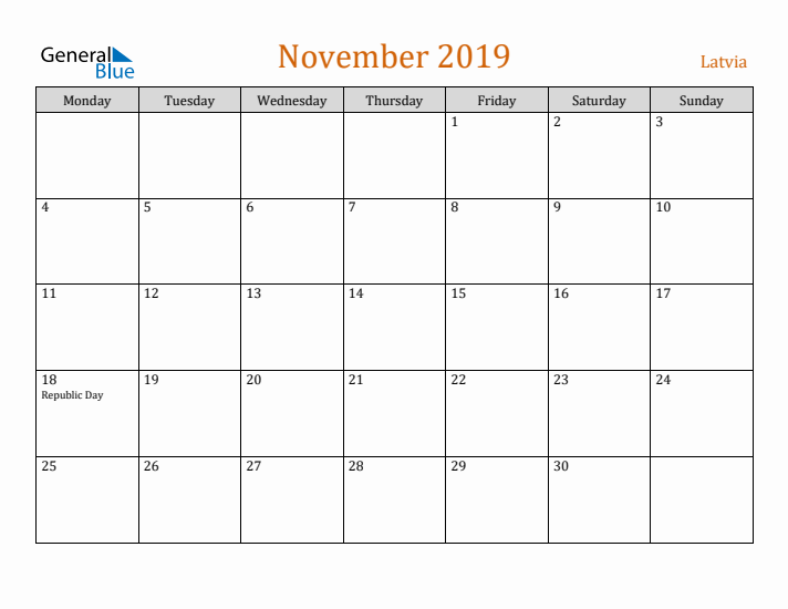 November 2019 Holiday Calendar with Monday Start