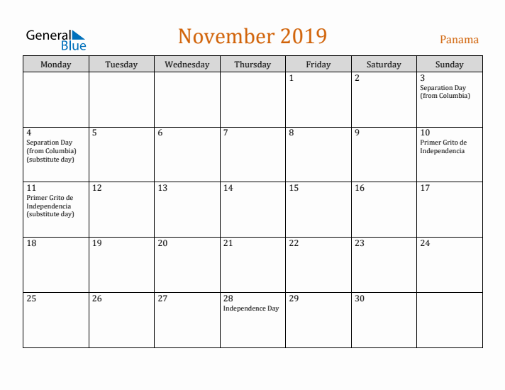 November 2019 Holiday Calendar with Monday Start