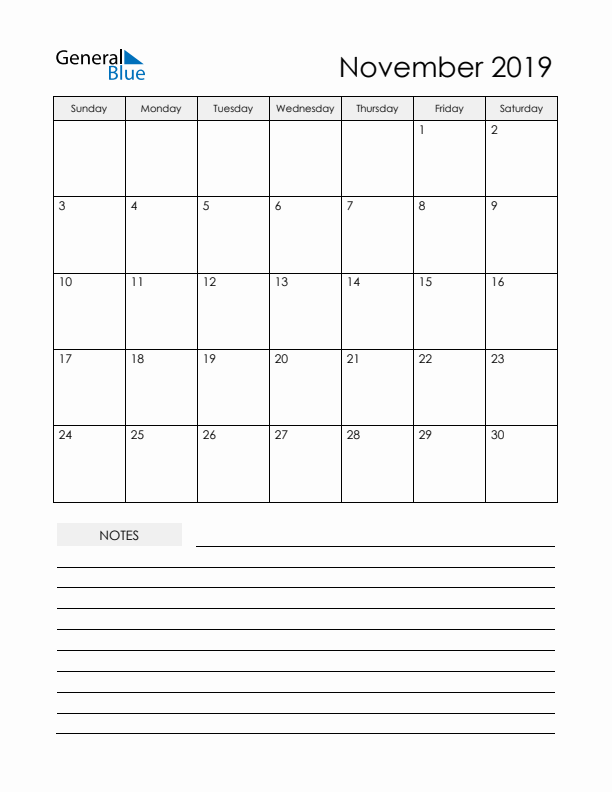 Printable Calendar with Notes - November 2019 