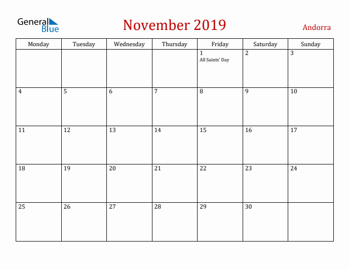 Andorra November 2019 Calendar - Monday Start