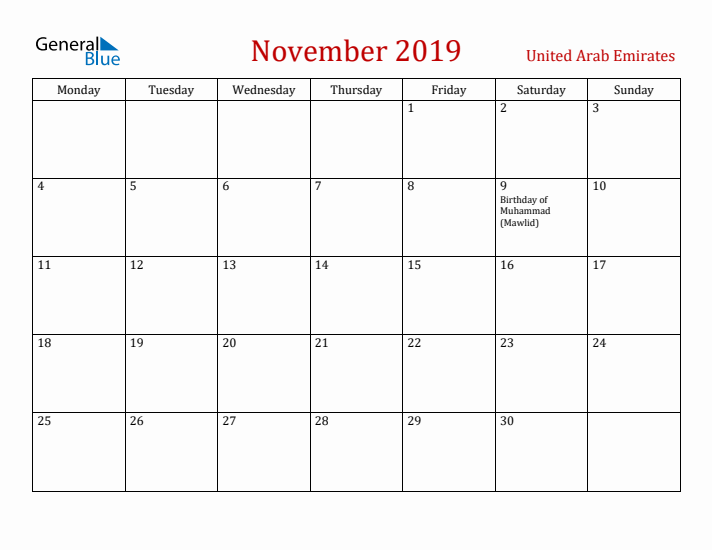 United Arab Emirates November 2019 Calendar - Monday Start