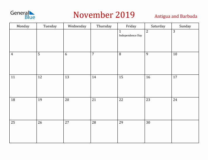 Antigua and Barbuda November 2019 Calendar - Monday Start