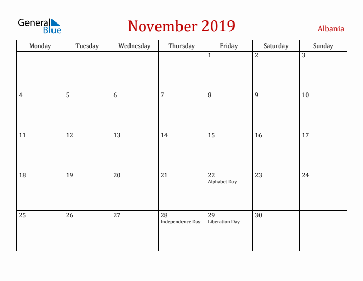 Albania November 2019 Calendar - Monday Start