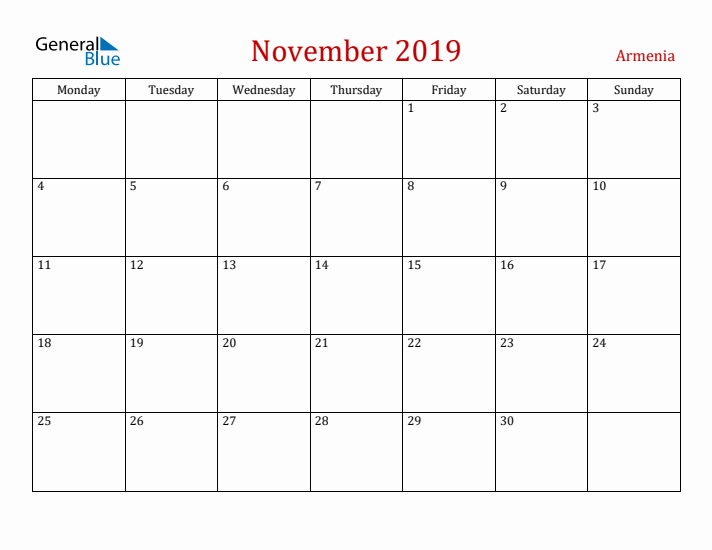 Armenia November 2019 Calendar - Monday Start