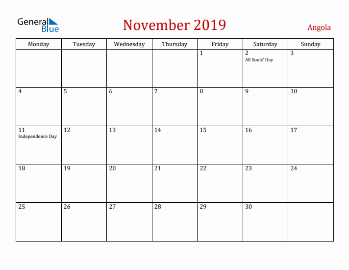 Angola November 2019 Calendar - Monday Start
