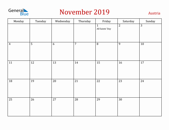 Austria November 2019 Calendar - Monday Start