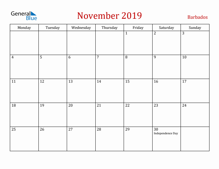 Barbados November 2019 Calendar - Monday Start