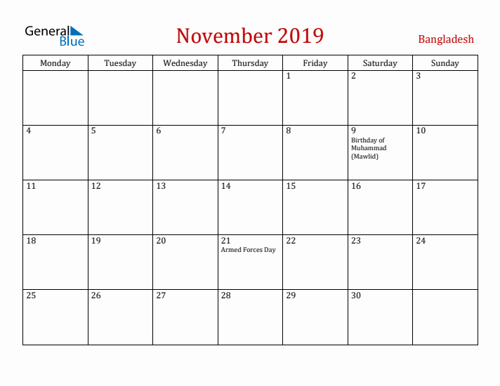 Bangladesh November 2019 Calendar - Monday Start