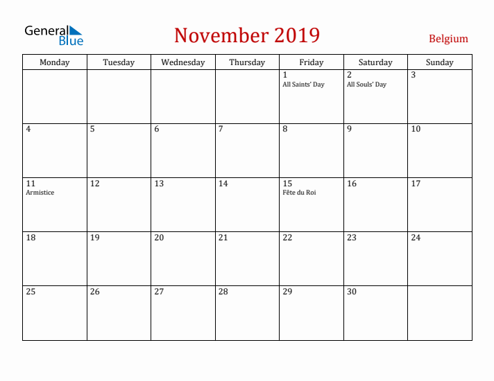 Belgium November 2019 Calendar - Monday Start