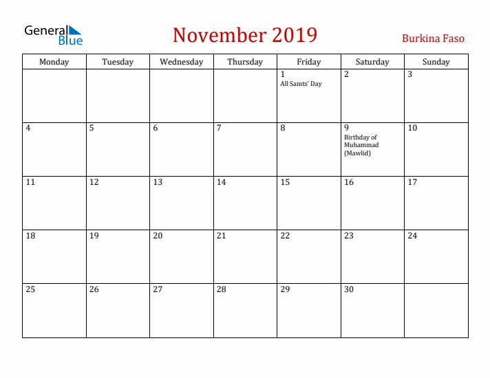 Burkina Faso November 2019 Calendar - Monday Start