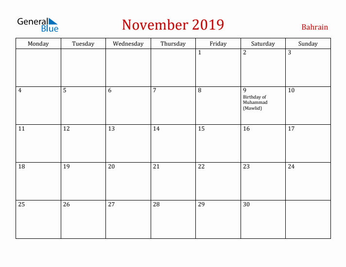 Bahrain November 2019 Calendar - Monday Start