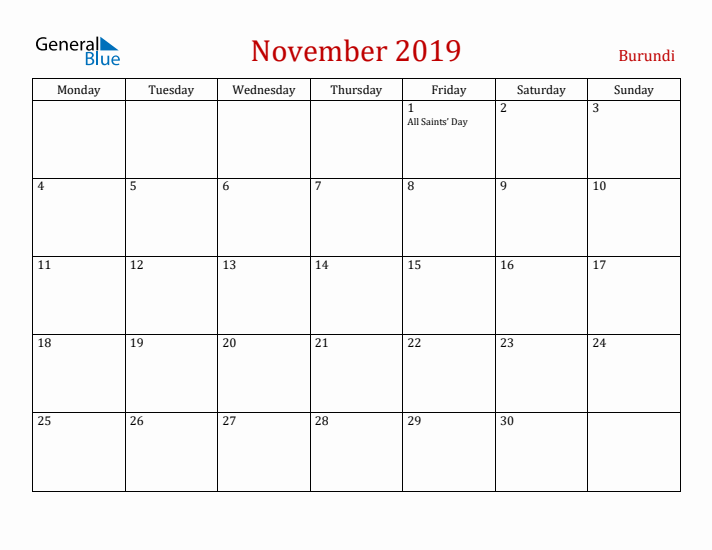 Burundi November 2019 Calendar - Monday Start
