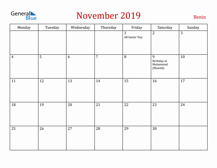 Benin November 2019 Calendar - Monday Start