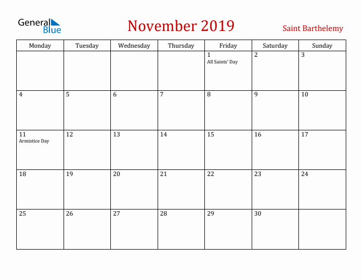 Saint Barthelemy November 2019 Calendar - Monday Start