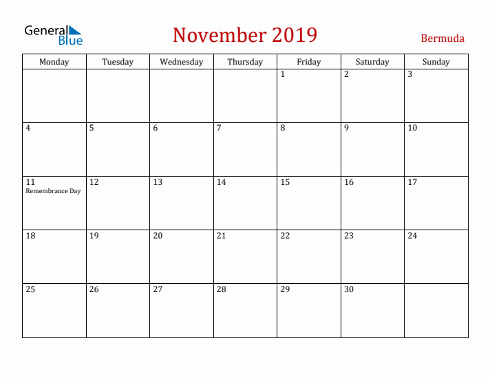 Bermuda November 2019 Calendar - Monday Start