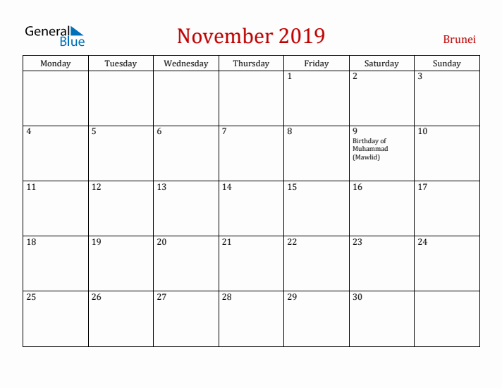 Brunei November 2019 Calendar - Monday Start