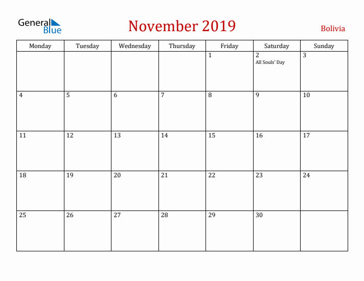 Bolivia November 2019 Calendar - Monday Start
