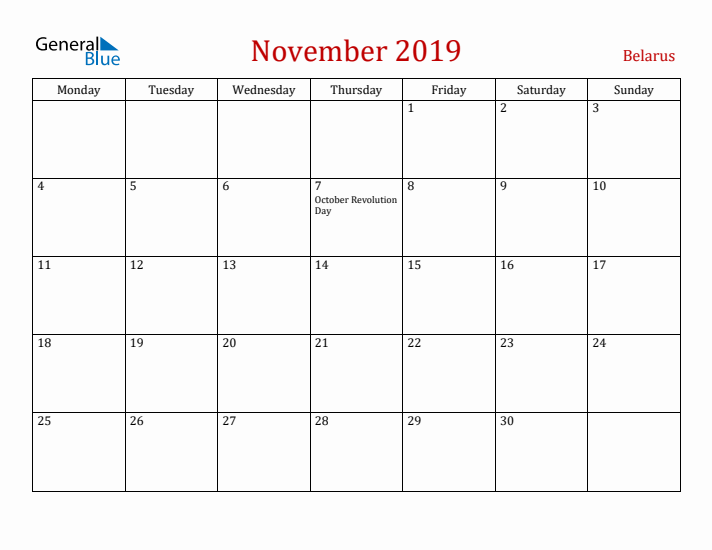 Belarus November 2019 Calendar - Monday Start