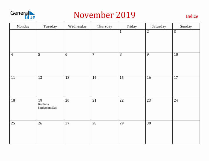 Belize November 2019 Calendar - Monday Start