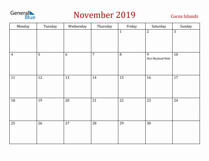 November 2019 Cocos Islands Monthly Calendar with Holidays