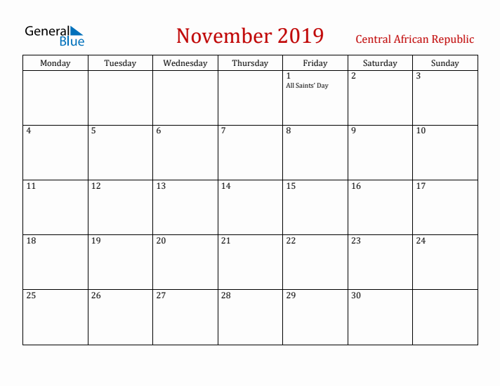 Central African Republic November 2019 Calendar - Monday Start