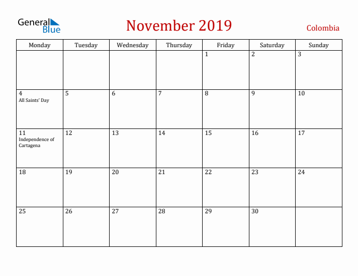 Colombia November 2019 Calendar - Monday Start
