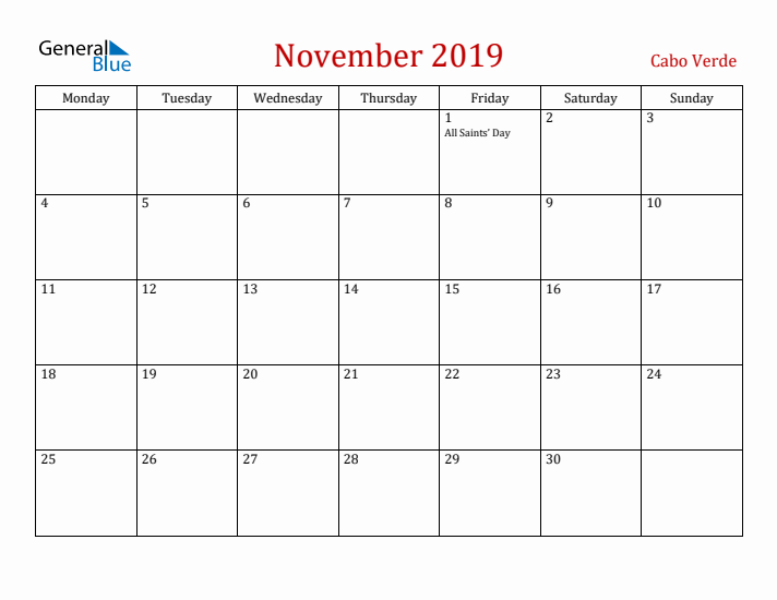 Cabo Verde November 2019 Calendar - Monday Start